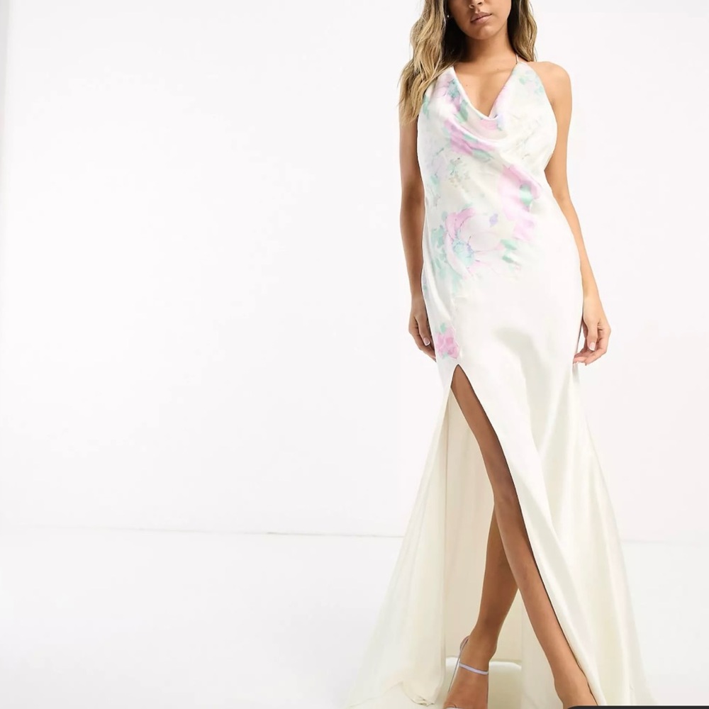 ASOS satin cowl halter neck maxi dress with open back detail: soft floral white
